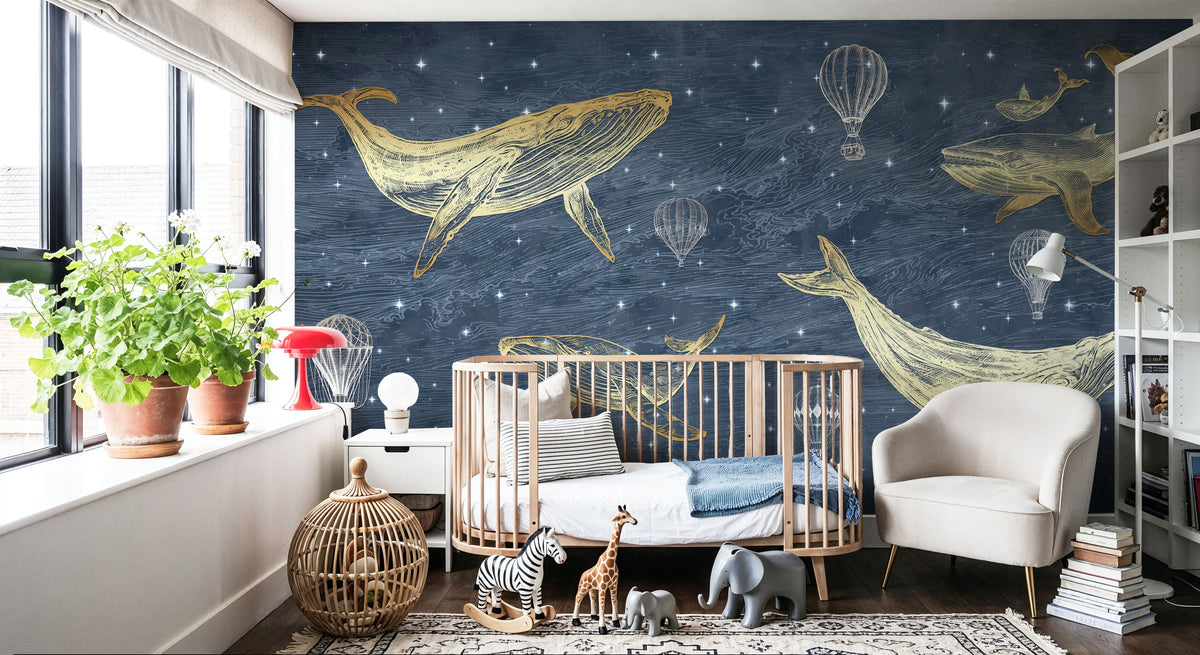 Whales in the Sky with Balloons, Washed Mural Wallpaper - room preview 05