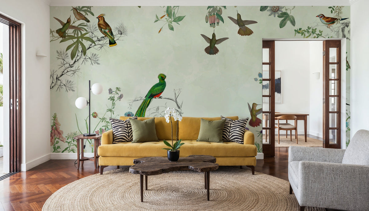 Fields of Birds and Flowers Mural Wallpaper - Neutral Tone - room preview 05