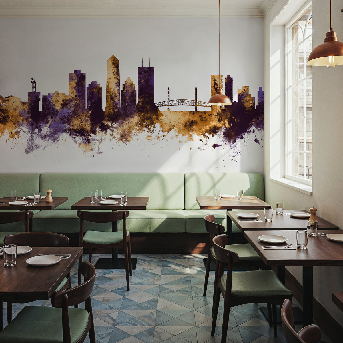Jacksonville Florida Skyline Purple & Gold Mural Wallpaper - room preview 05