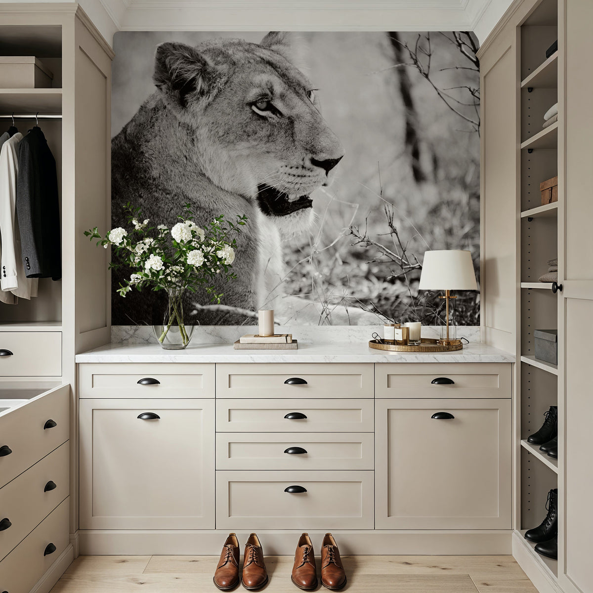 Lioness Square BW Mural Wallpaper - room preview 05