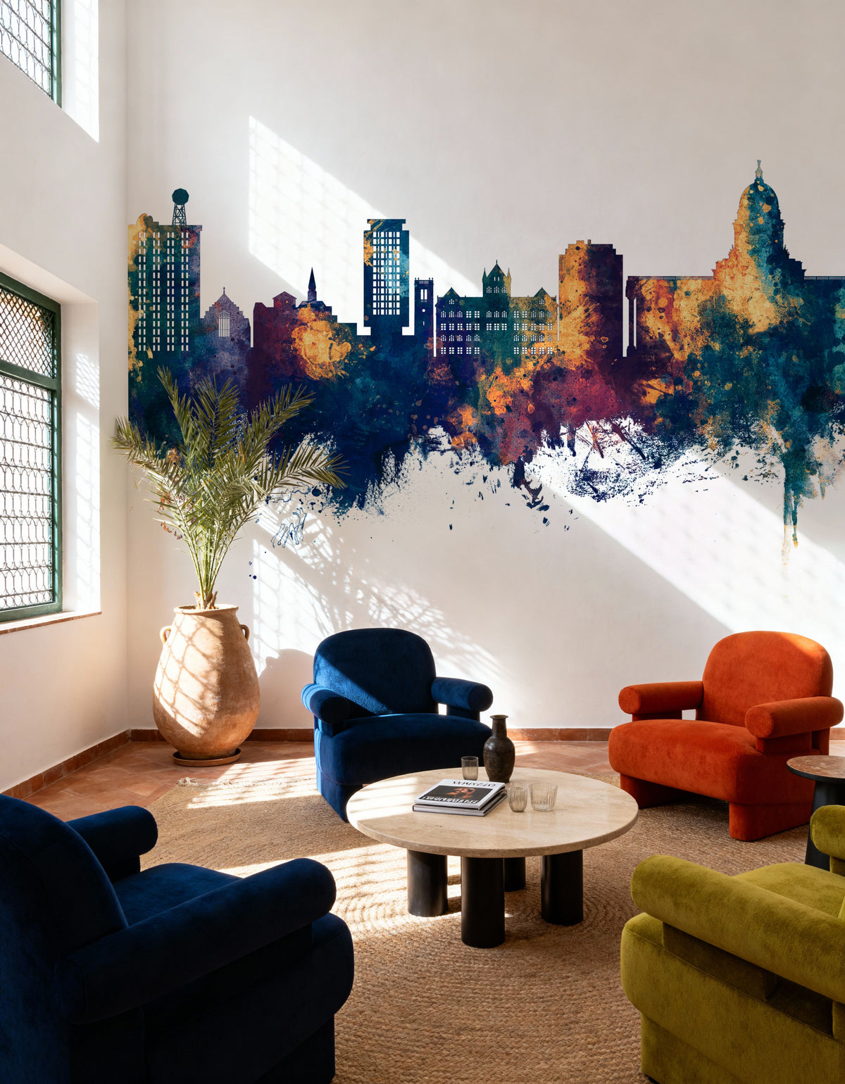 Madison Wisconsin Skyline Blue & Bronze Mural Wallpaper - room preview 05