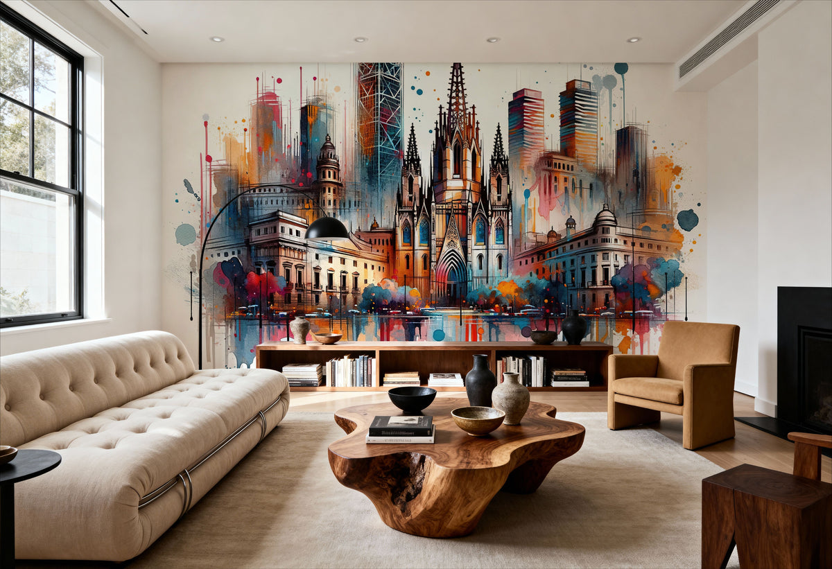Watercolor Skyline Barcelona II Mural Wallpaper - room preview 05