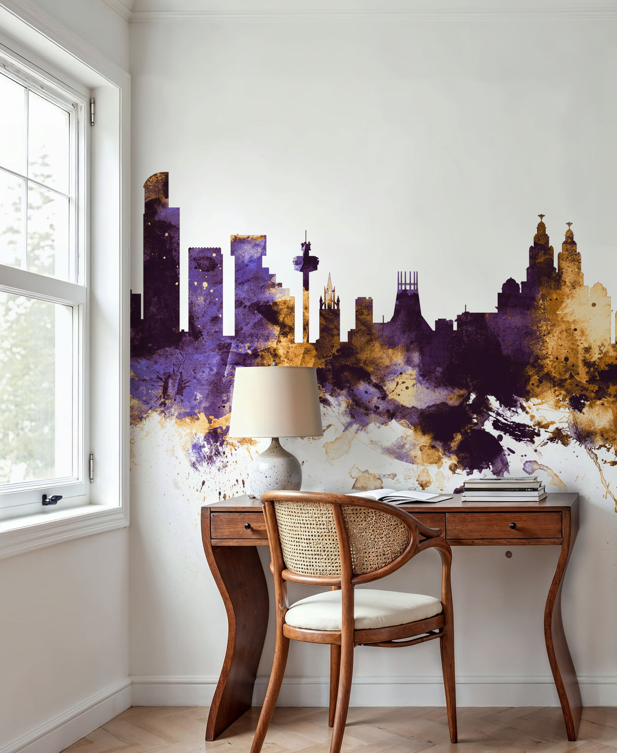 Liverpool England Skyline Purple & Gold Mural Wallpaper - room preview 05