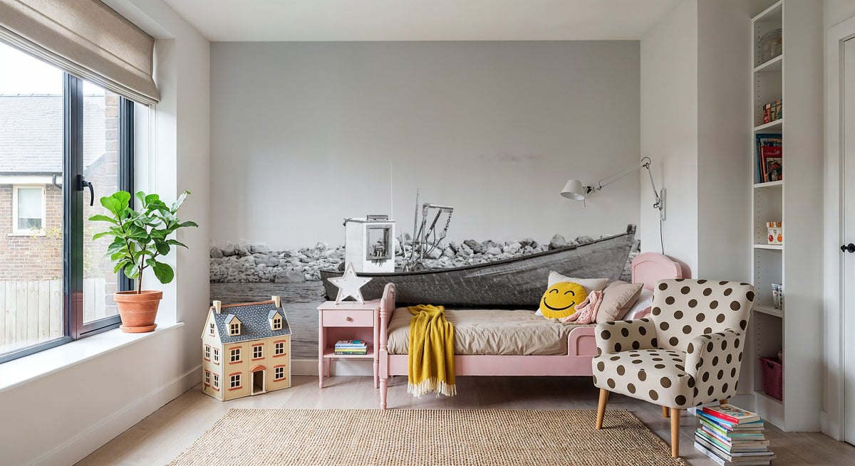 Fishing Boat Rest BW Mural Wallpaper - room preview 05