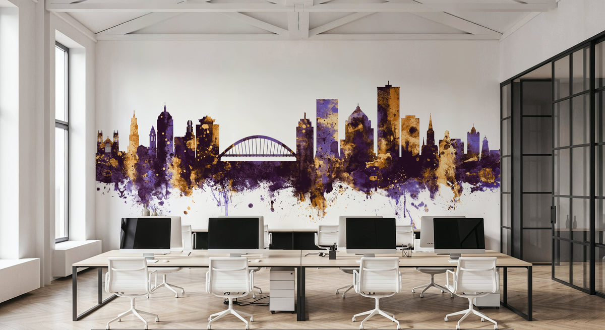 Rochester New York Skyline Purple & Gold Mural Wallpaper - room preview 05