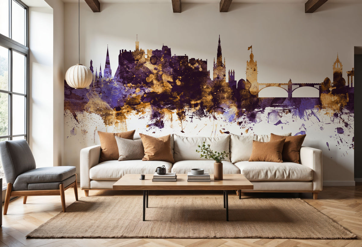 Edinburgh Scotland Skyline Purple & Gold Mural Wallpaper - room preview 05