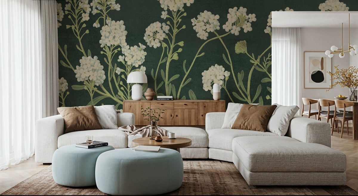Vintage Flowers on Green Mural Wallpaper - room preview 05