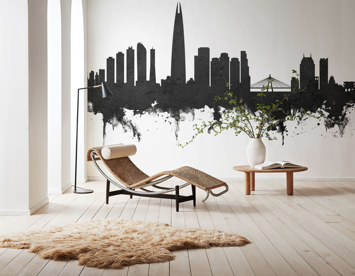 Seoul Skyline Black & White Mural Wallpaper - room preview 05
