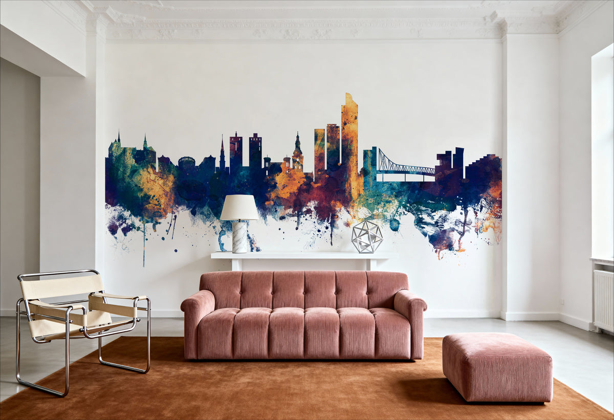 Oslo Skyline Blue & Bronze Mural Wallpaper - room preview 05