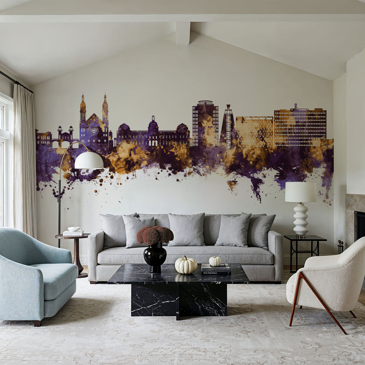 Port-au-Prince Haiti Skyline Purple & Gold Mural Wallpaper - room preview 05