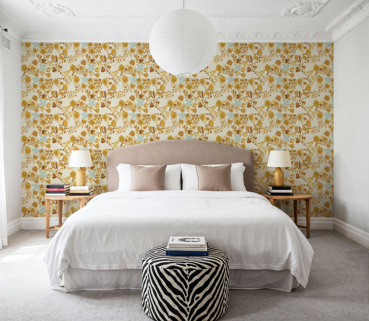 Miracle Blossoms and Birds, Yellow Mural Wallpaper - room preview 05