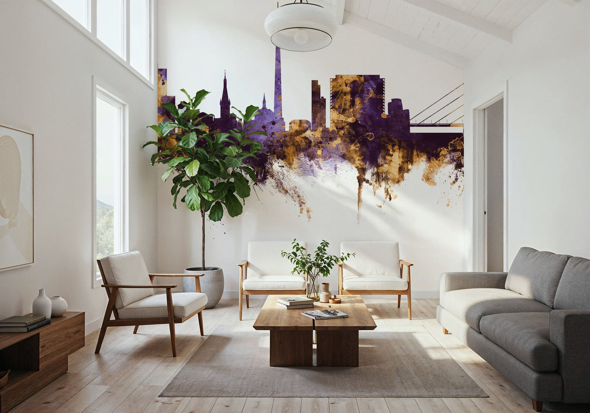 Düsseldorf Germany Skyline Purple & Gold Mural Wallpaper - room preview 05
