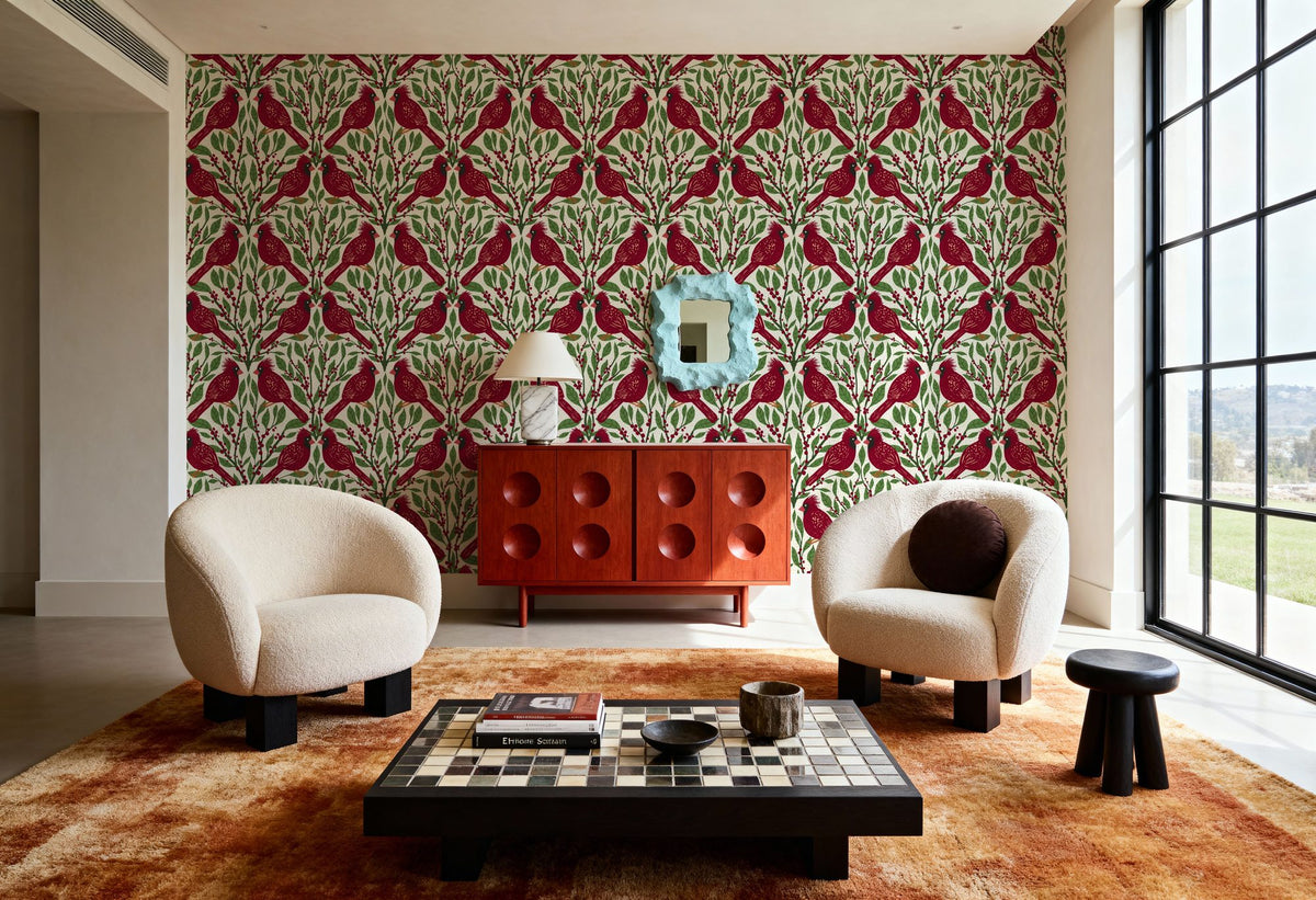 Cardinals & Winterberries, Green Mural Wallpaper - room preview 05