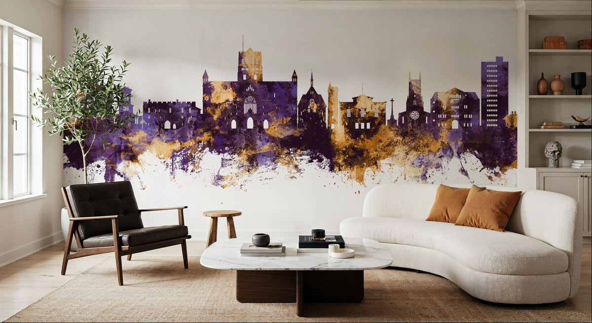 St Albans England Skyline Purple & Gold Mural Wallpaper - room preview 05