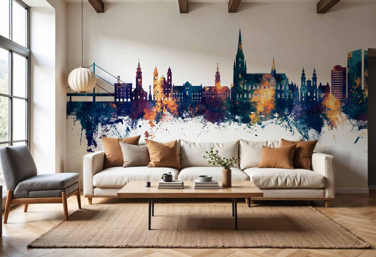 Linz Austria Skyline Blue & Bronze Mural Wallpaper - room preview 05