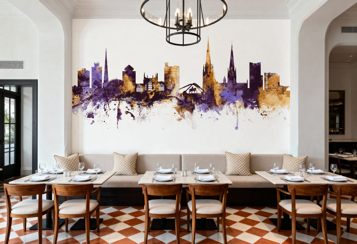 Coventry England Skyline Purple & Gold Mural Wallpaper - room preview 05