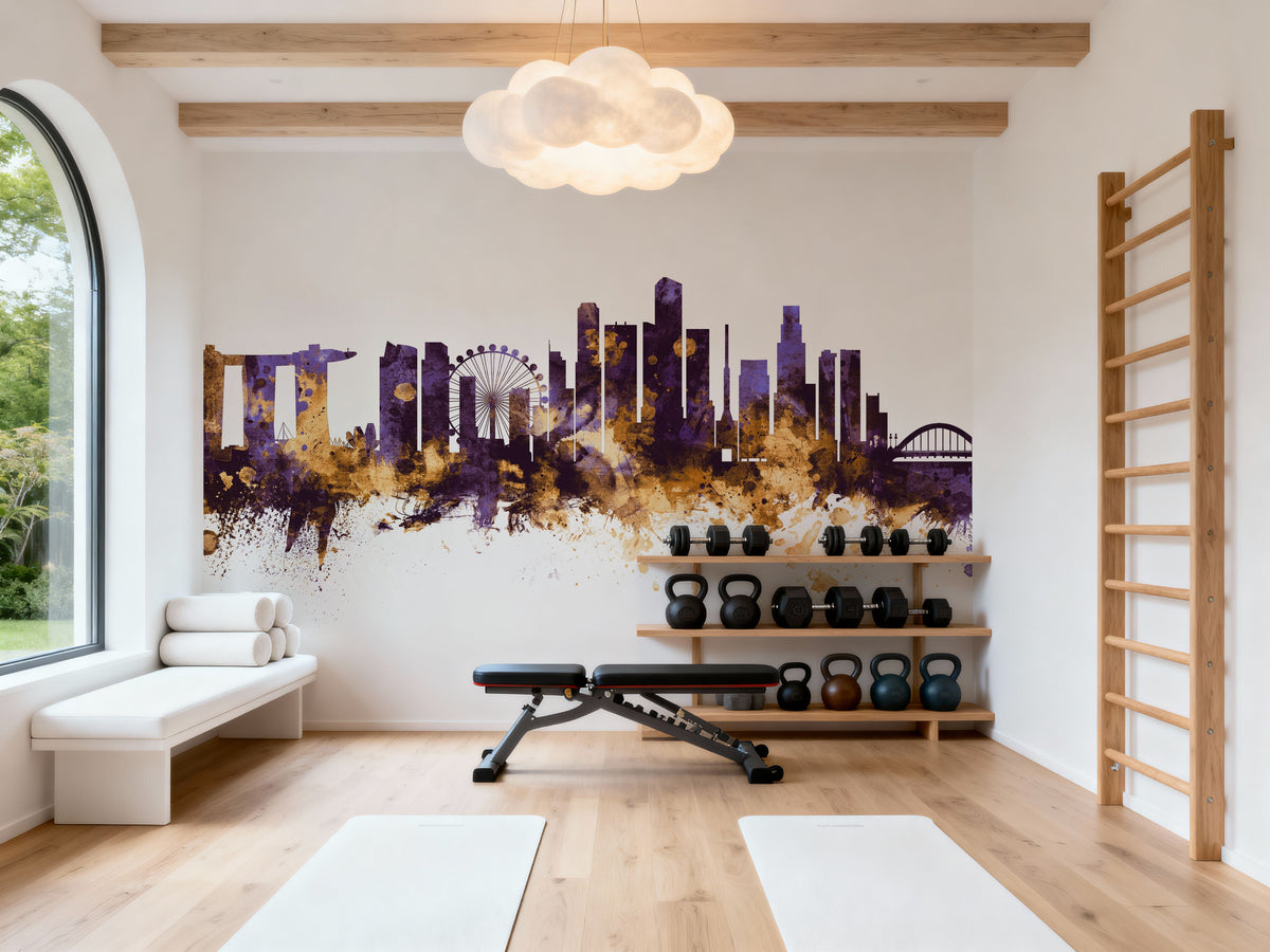Singapore Skyline Purple & Gold Mural Wallpaper - room preview 05