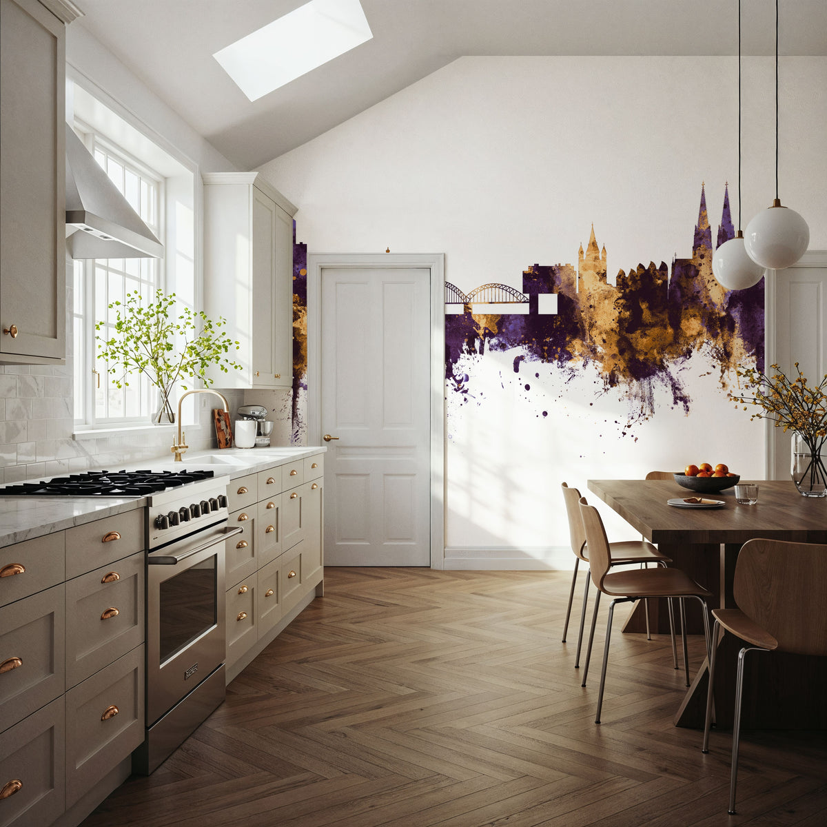 Cologne Germany Skyline Purple & Gold Mural Wallpaper - room preview 05