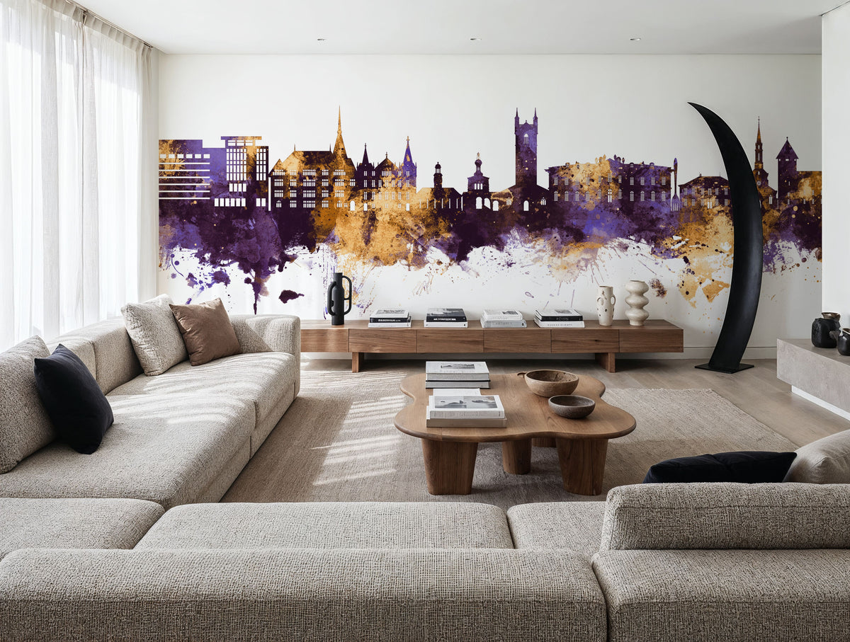 Vevey Switzerland Skyline Purple & Gold Mural Wallpaper - room preview 05