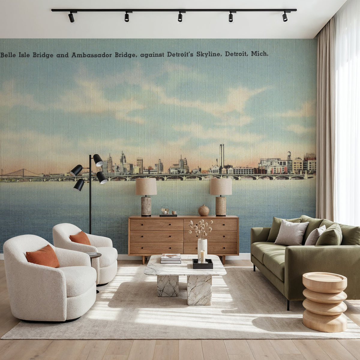 Greetings From Detroit Skyline Mural Wallpaper - room preview 05