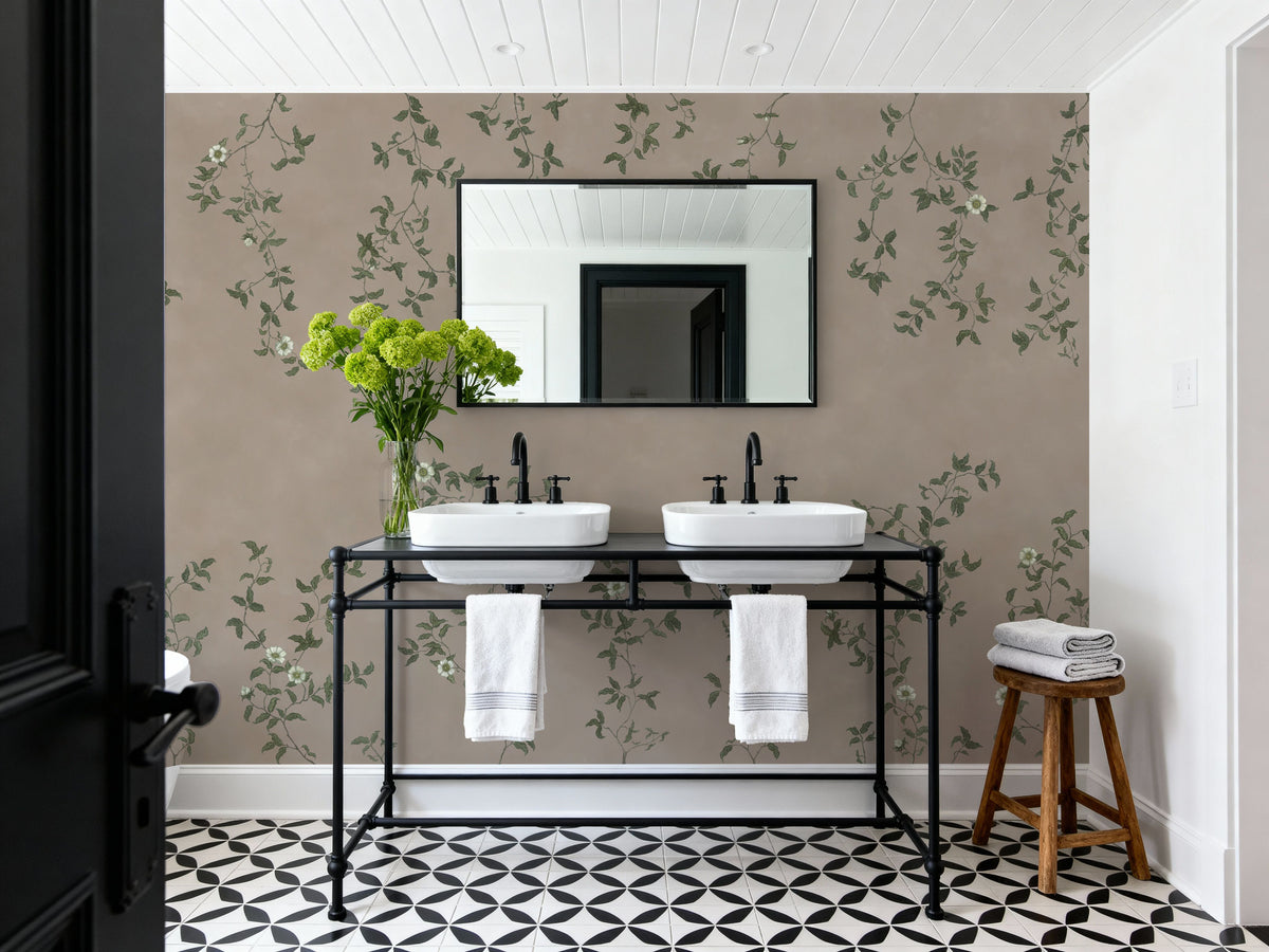 Rambling Rose, Ivory on Beige Mural Wallpaper - room preview 05