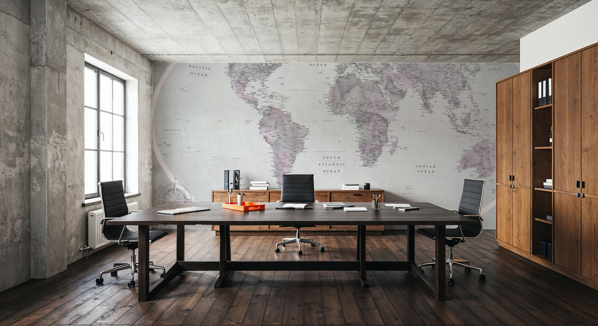 World Map Atlas Pink Mural Wallpaper - room preview 05