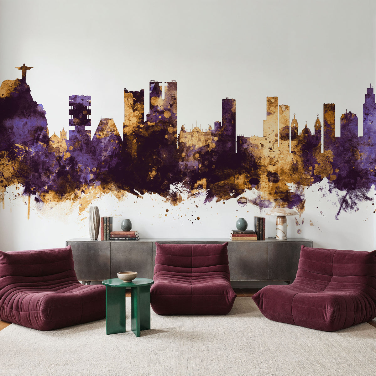 Rio De Janeiro Brazil Skyline Purple & Gold Mural Wallpaper - room preview 05