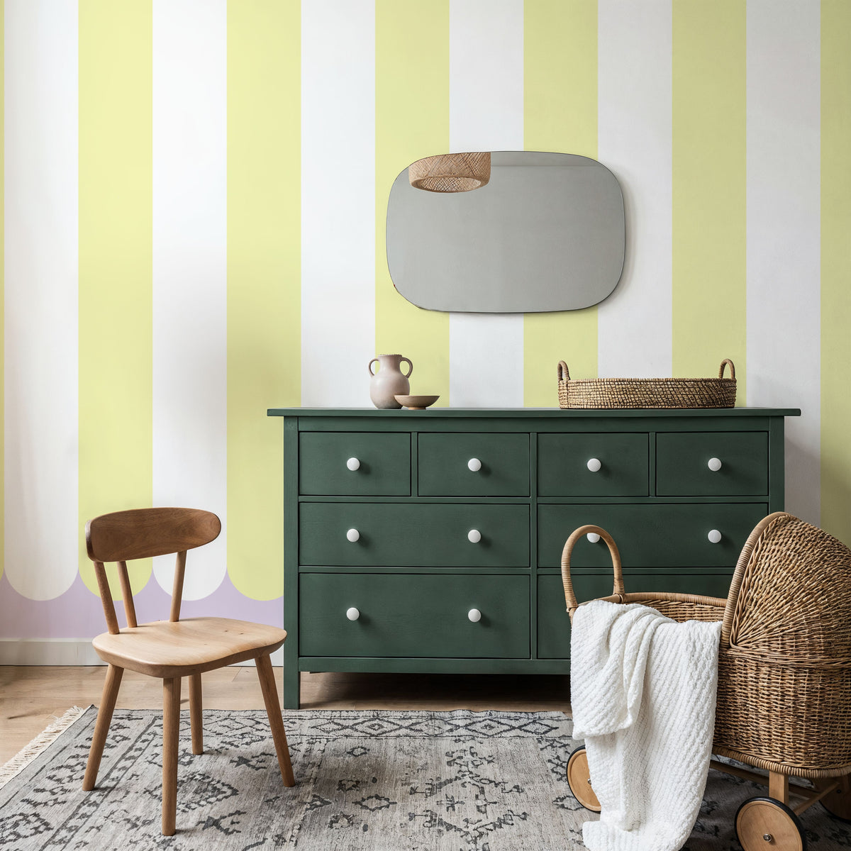Scalloped Circus Stripes, Yellow Mural Wallpaper - room preview 05