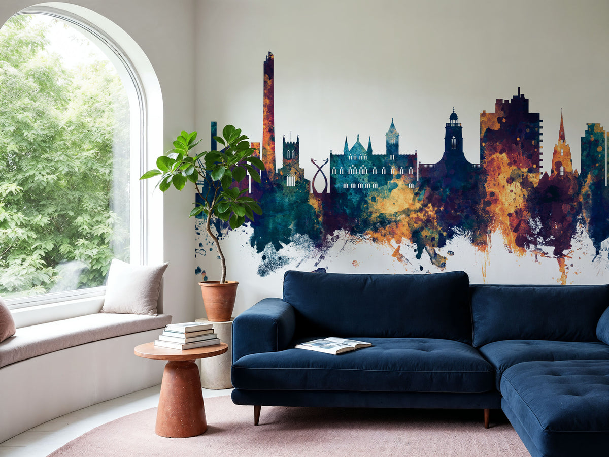 Northampton England Skyline Blue & Bronze Mural Wallpaper - room preview 05