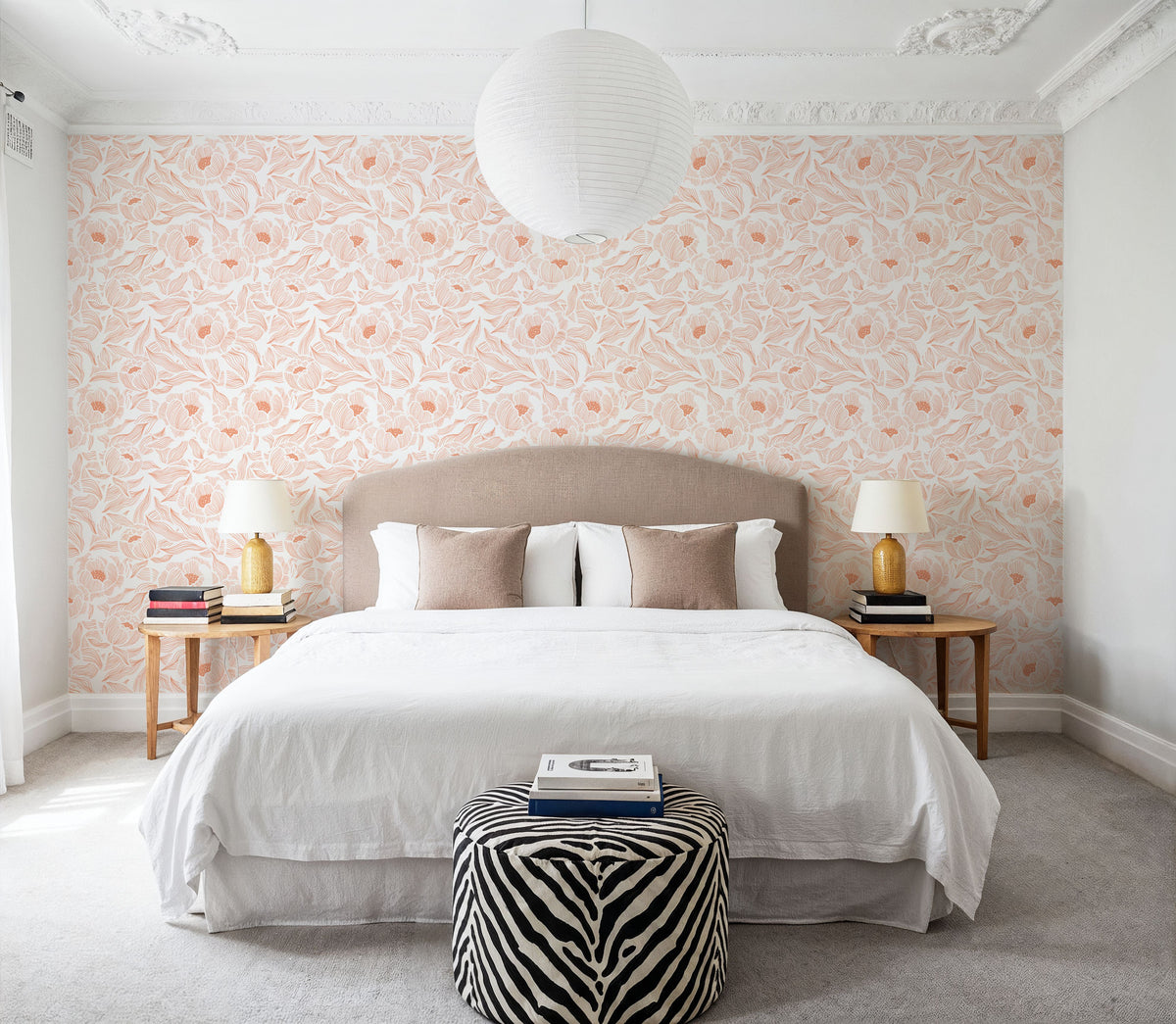 Hidden Peonies, Orange on White Mural Wallpaper - room preview 05