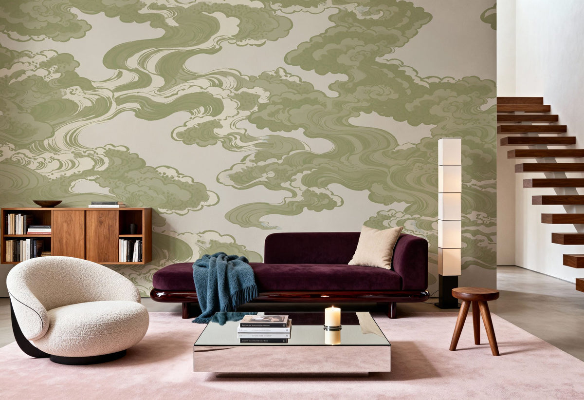Ukiyo-e Clouds, Pistachio Mural Wallpaper - room preview 05