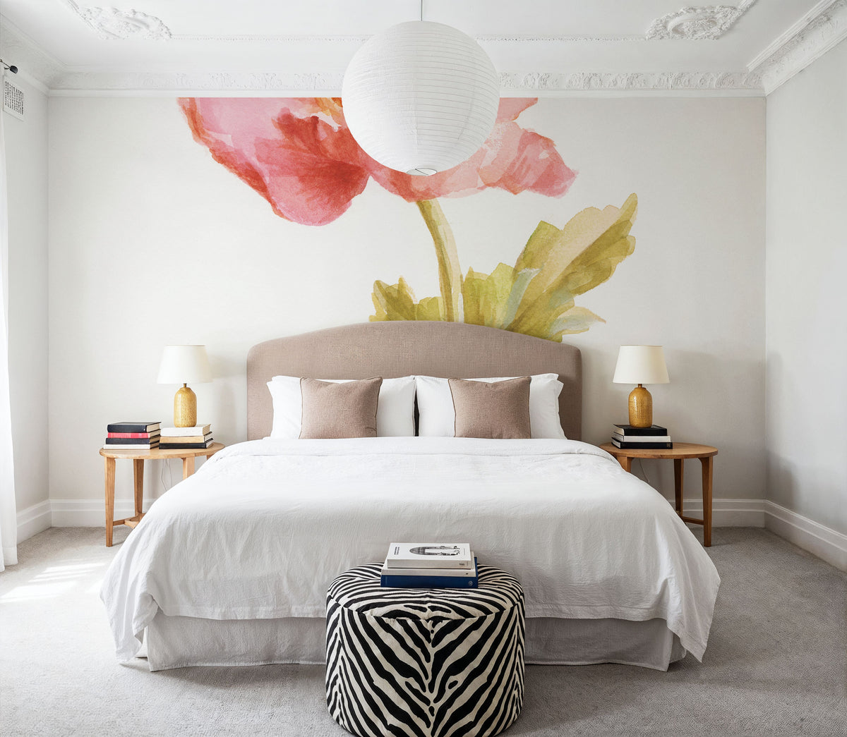 Garden Poppy on White Mural Wallpaper - room preview 05