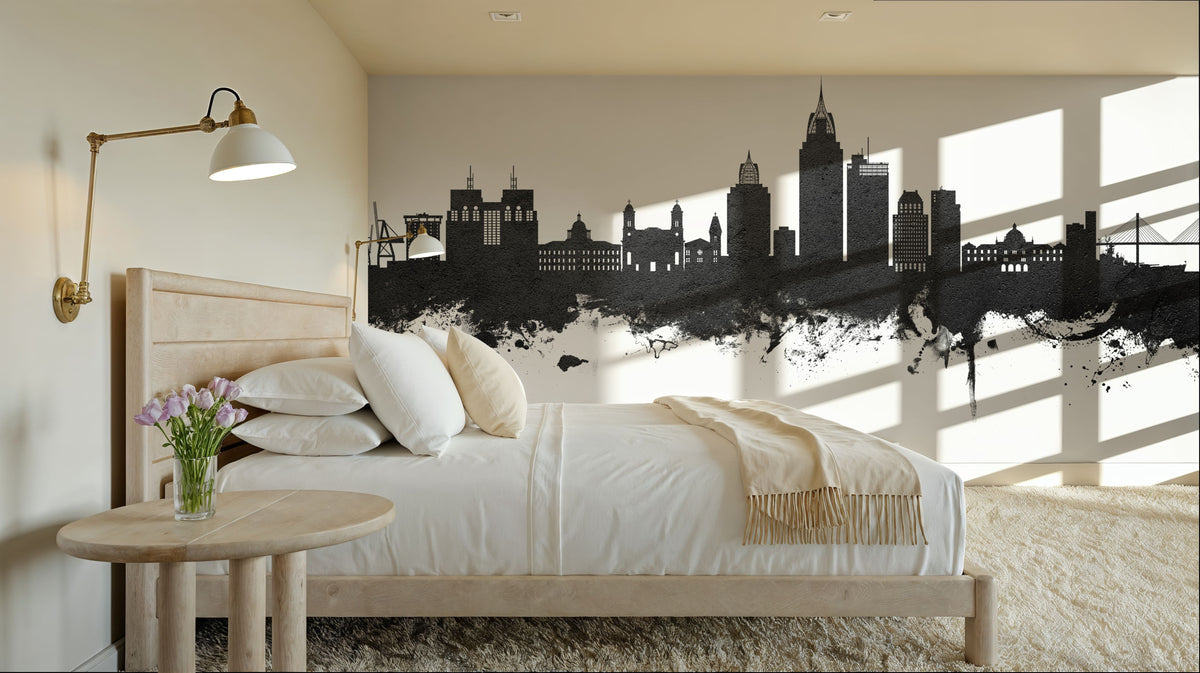 Mobile Alabama Skyline Black & White Mural Wallpaper - room preview 05