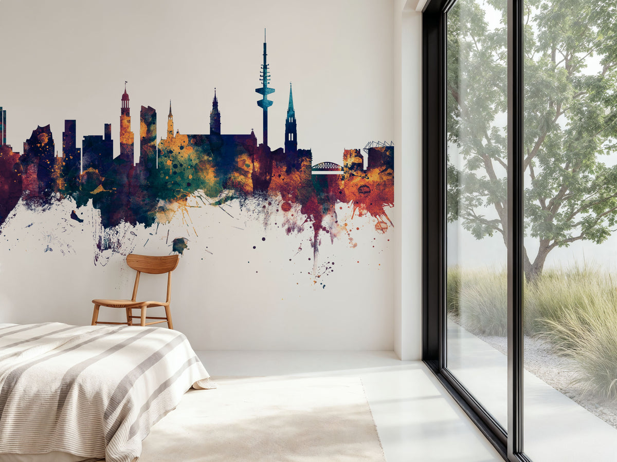 Hamburg Germany Skyline Blue & Bronze Mural Wallpaper - room preview 05