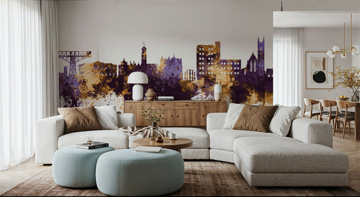 Warrington England Skyline Purple & Gold Mural Wallpaper - room preview 05