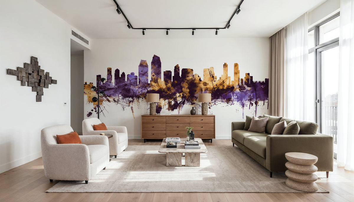 San Diego California Skyline Purple & Gold Mural Wallpaper - room preview 05
