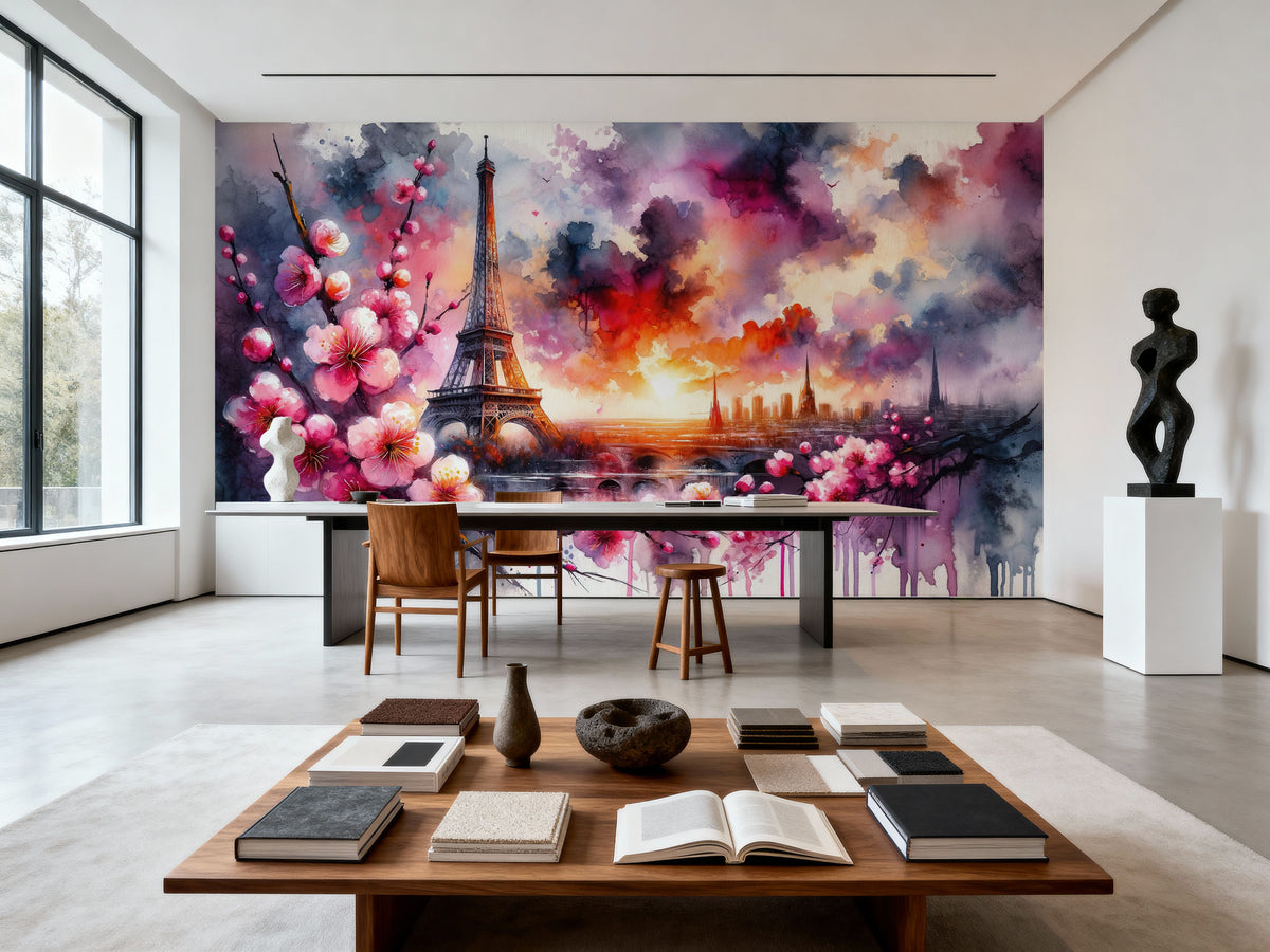 Watercolor Floral Paris Eiffel Tower Mural Wallpaper - room preview 05