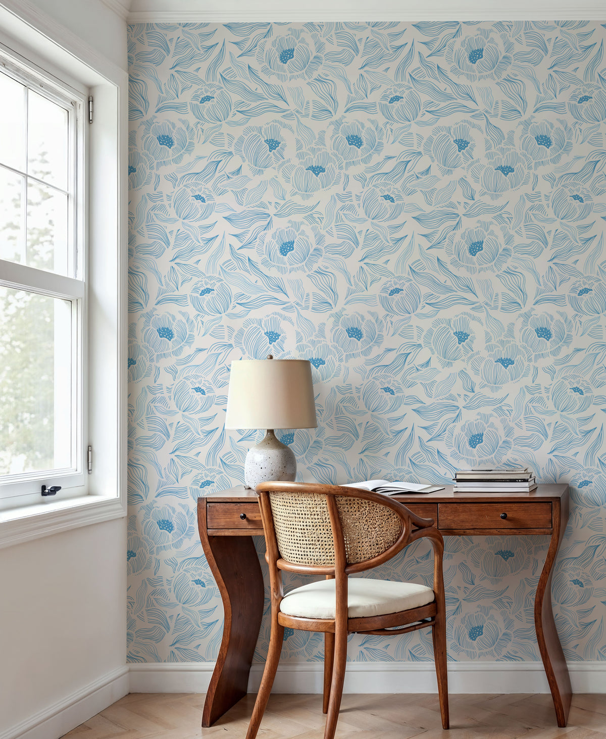 Hidden Peonies, Blue on Beige Mural Wallpaper - room preview 05