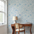 Hidden Peonies, Blue on Beige Mural Wallpaper - room preview 05