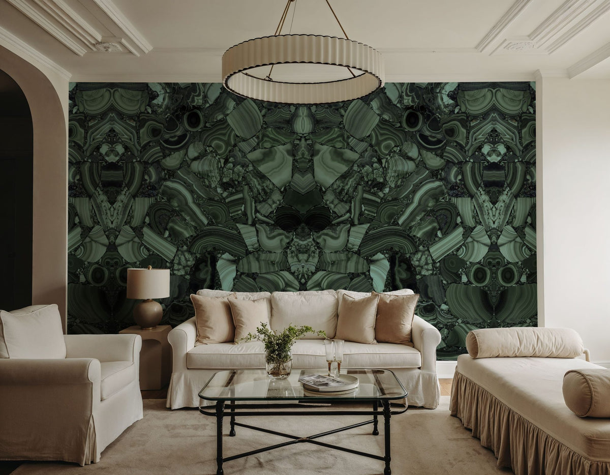 Malachite Vortex, Forest Green Mural Wallpaper - room preview 05