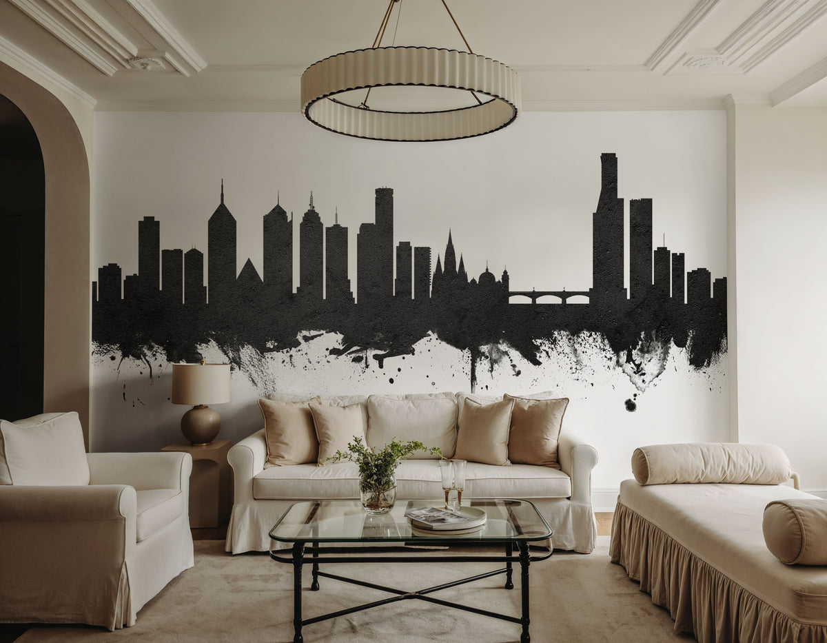 Melbourne Australia Skyline Black & White Mural Wallpaper - room preview 05
