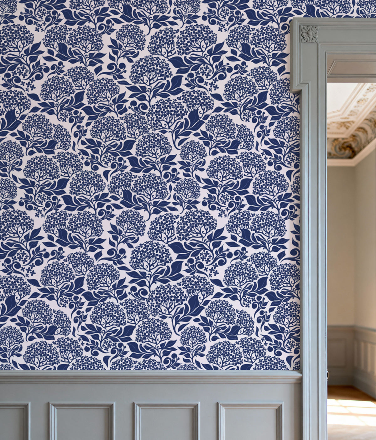 Hydrangea, Navy on Cream Mural Wallpaper - room preview 05