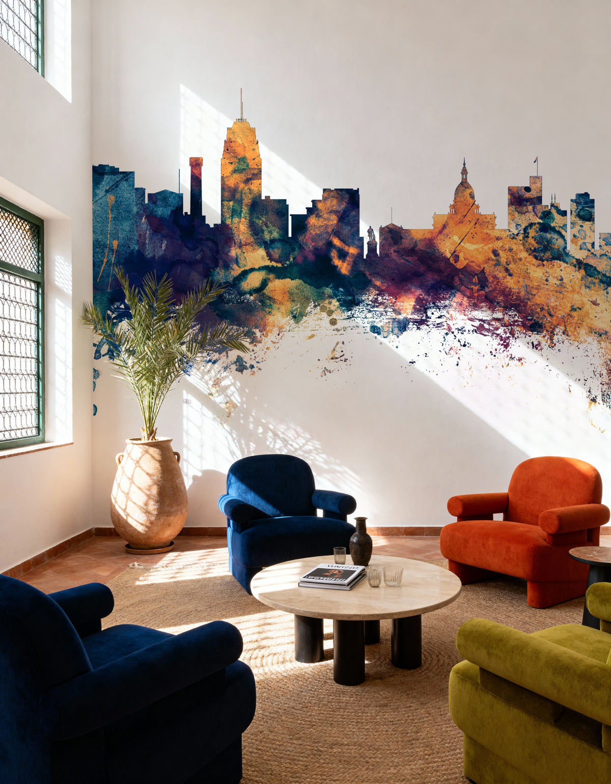 Lansing Michigan Skyline Blue & Bronze Mural Wallpaper - room preview 05