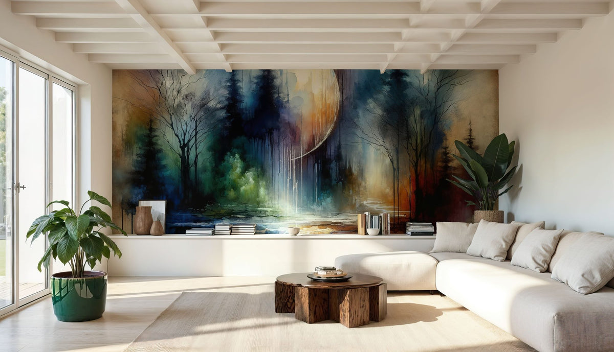 Watercolor Forest in Moonlight Mural Wallpaper - room preview 05