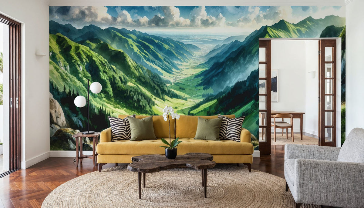 Expansive Mountain Valley Landscape Mural Wallpaper - room preview 05