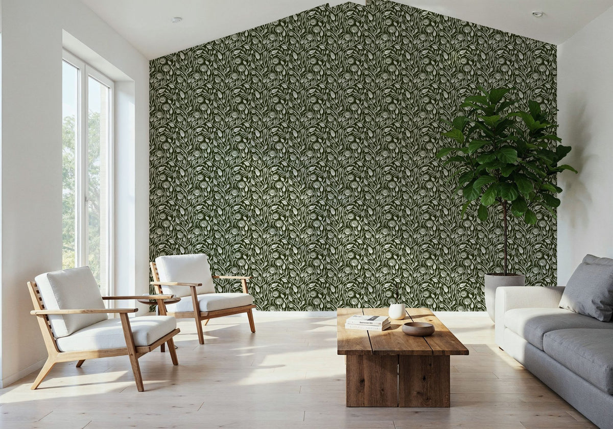 Red Clovers, Forest Green Mural Wallpaper - room preview 05