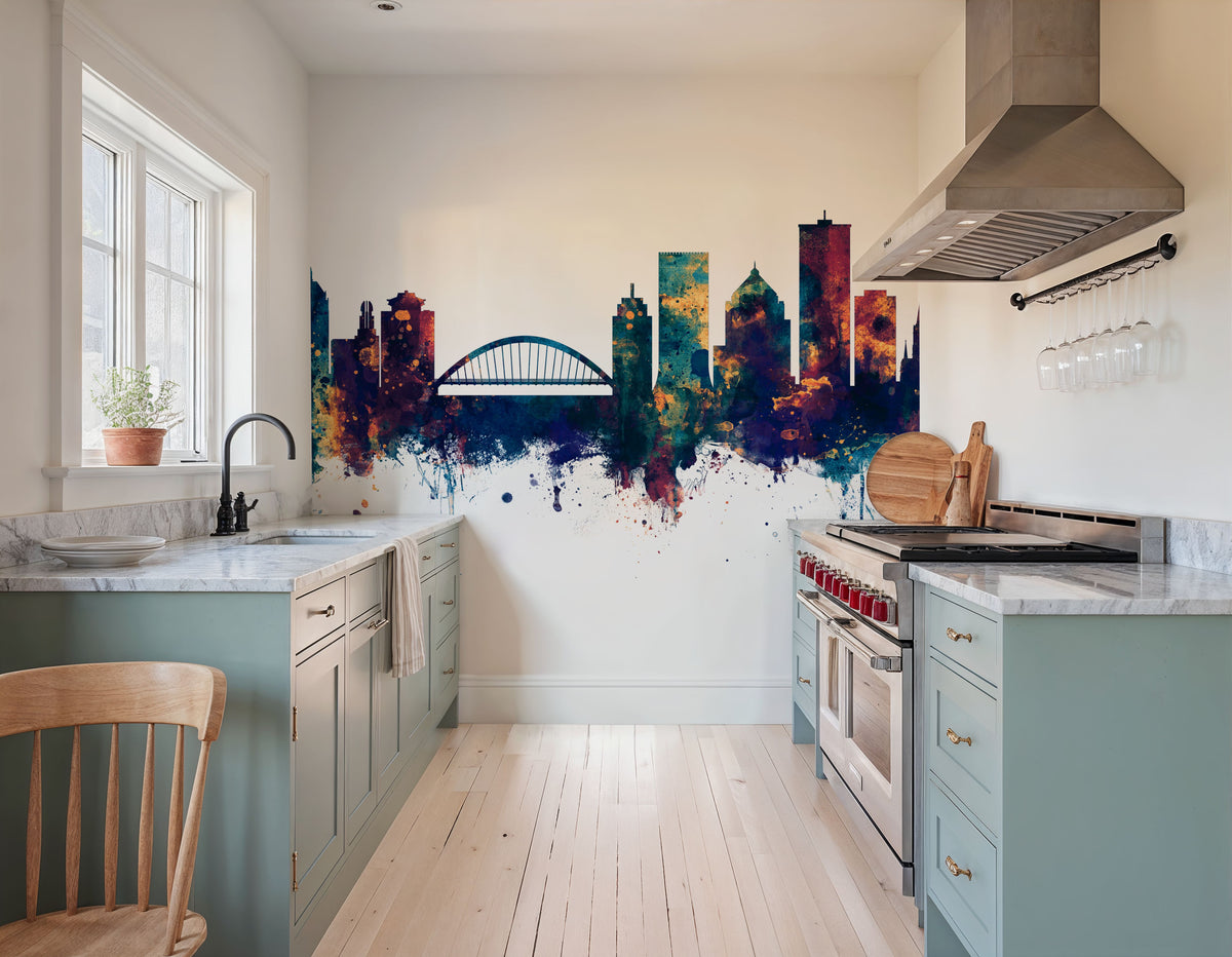 Rochester New York Skyline Blue & Bronze Mural Wallpaper - room preview 05