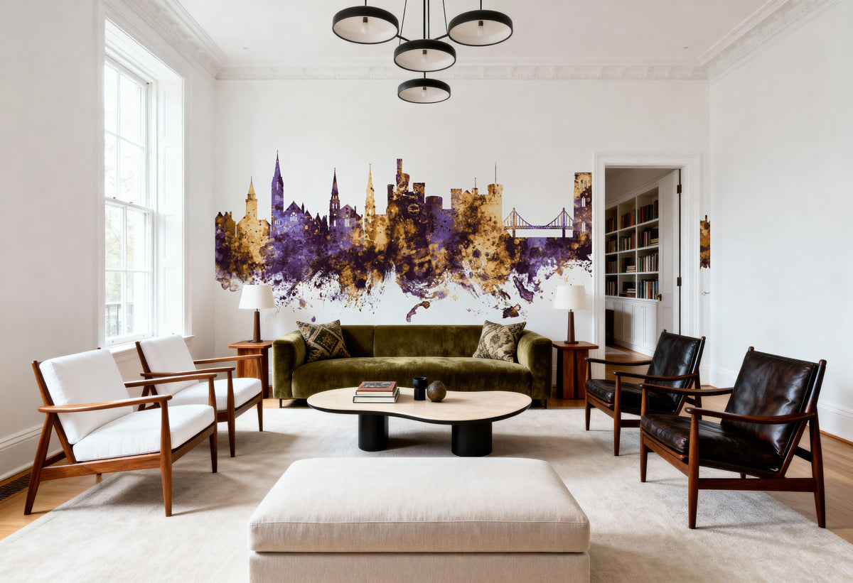 Inverness Scotland Skyline Purple & Gold Mural Wallpaper - room preview 05