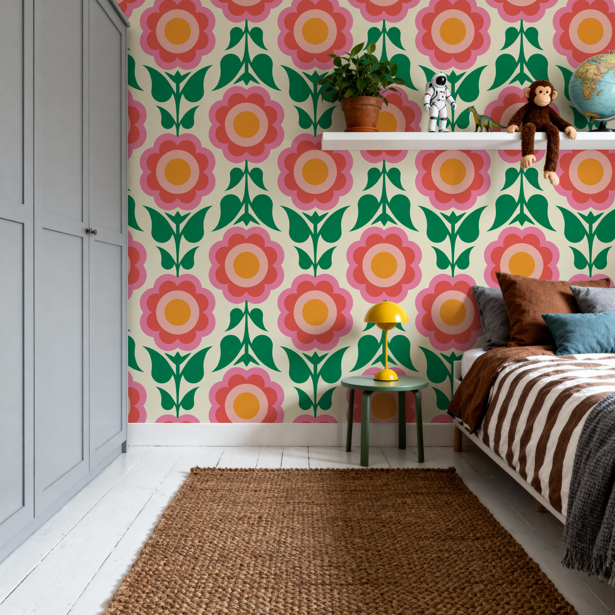 Retro Bold Blooms, Pink Mural Wallpaper - room preview 05