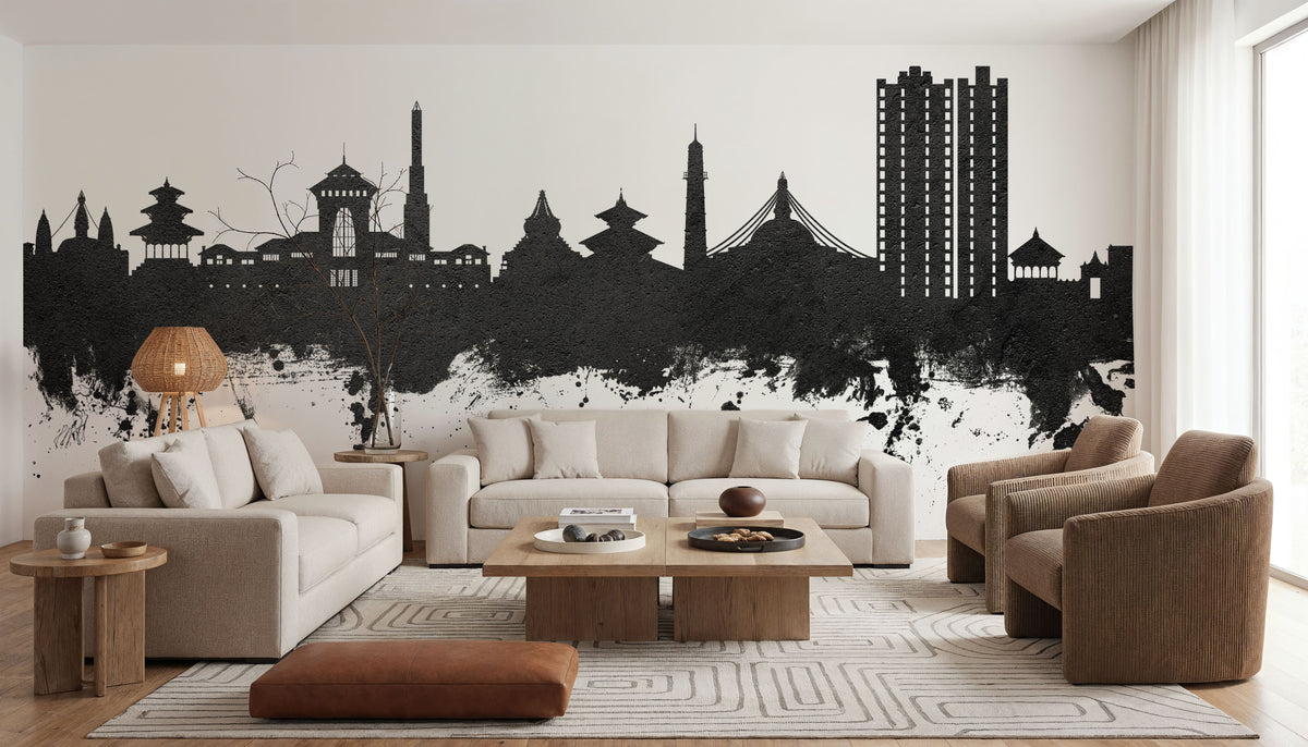 Kathmandu Nepal Skyline Black & White Mural Wallpaper - room preview 05